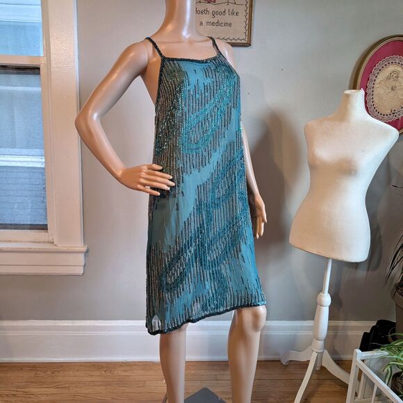 Dresses & Skirts - Vintage 90s Papell Boutique Mini Dress Blue Beaded Silk Formal Prom Mermaid 10